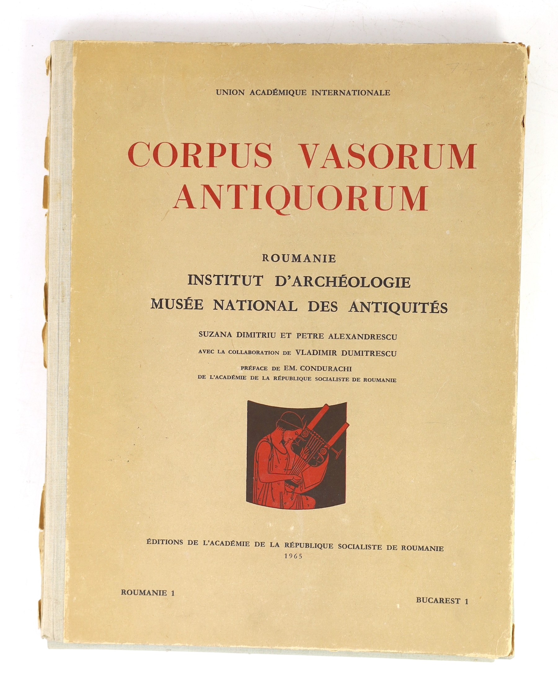 Corpus Vasorum Antiquorum - Roumanie Institut d'Archaeologie Musee National des Antiquites. 44 (ex 45) plates on card loosely contained within a cloth backed portfolio of pictorial boards. Bucharest, (ca.1965?)